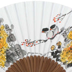 Handpaint Folding Paper Yellow Flower Painting Bamboo Wood Wall Hand Art Fan 