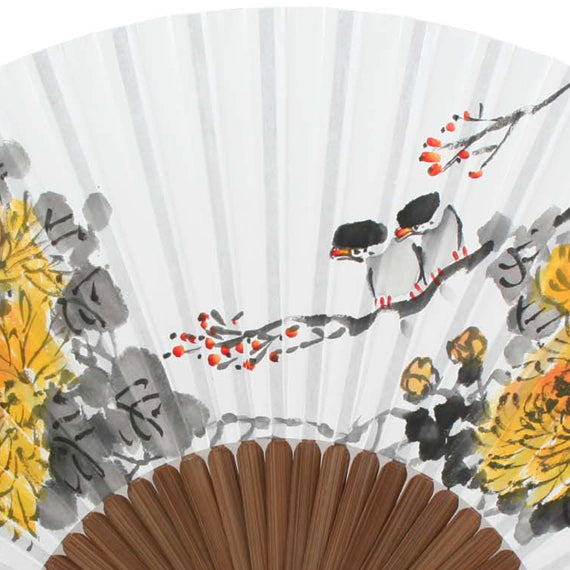Handpaint Folding Paper Yellow Flower Painting Bamboo Wood Wall Hand Art Fan 