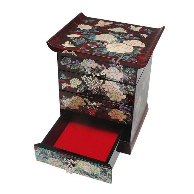 Mother of Pearl Wood Red Lacquer Korean Oriental Treasure Jewelry Ring Box Case