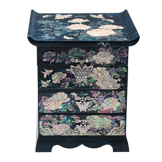 Mother of Pearl Blue Wood Jewelry Box Gift Trinket Keepsake Treasure Chest Case