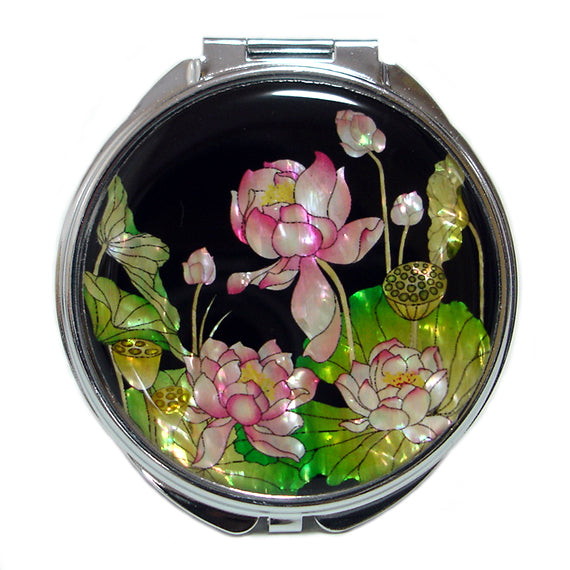 Mother of Pearl Pink Lotus Flower Design Compact Cosmetic Makeup Hand Mirror