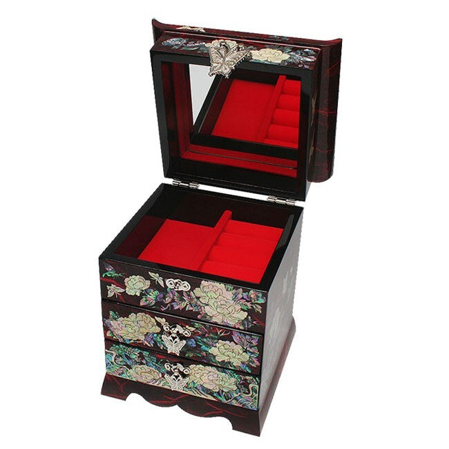 Mother of Pearl Wood Red Lacquer Korean Oriental Treasure Jewelry Ring Box Case