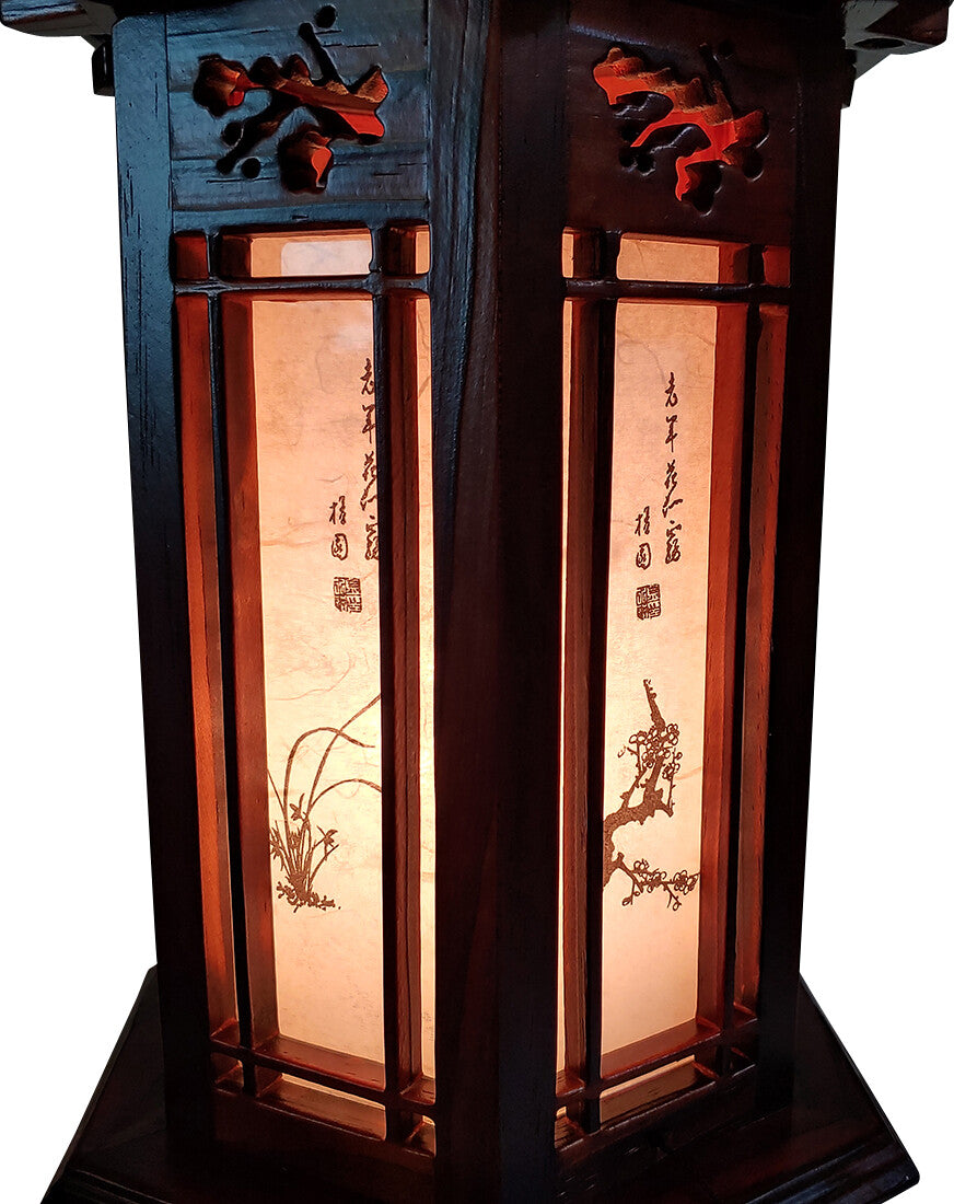Hexagonal Carved Wood Art Deco Lantern Brown Bedside Bedroom Table Lamp Light
