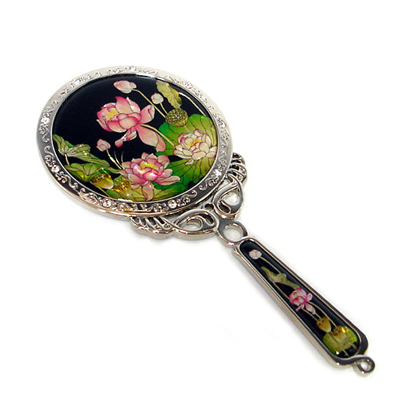 Mother of Pearl Pink Floral Cosmetic Makeup Hand Held Vanity Pouch Beauty Mirror