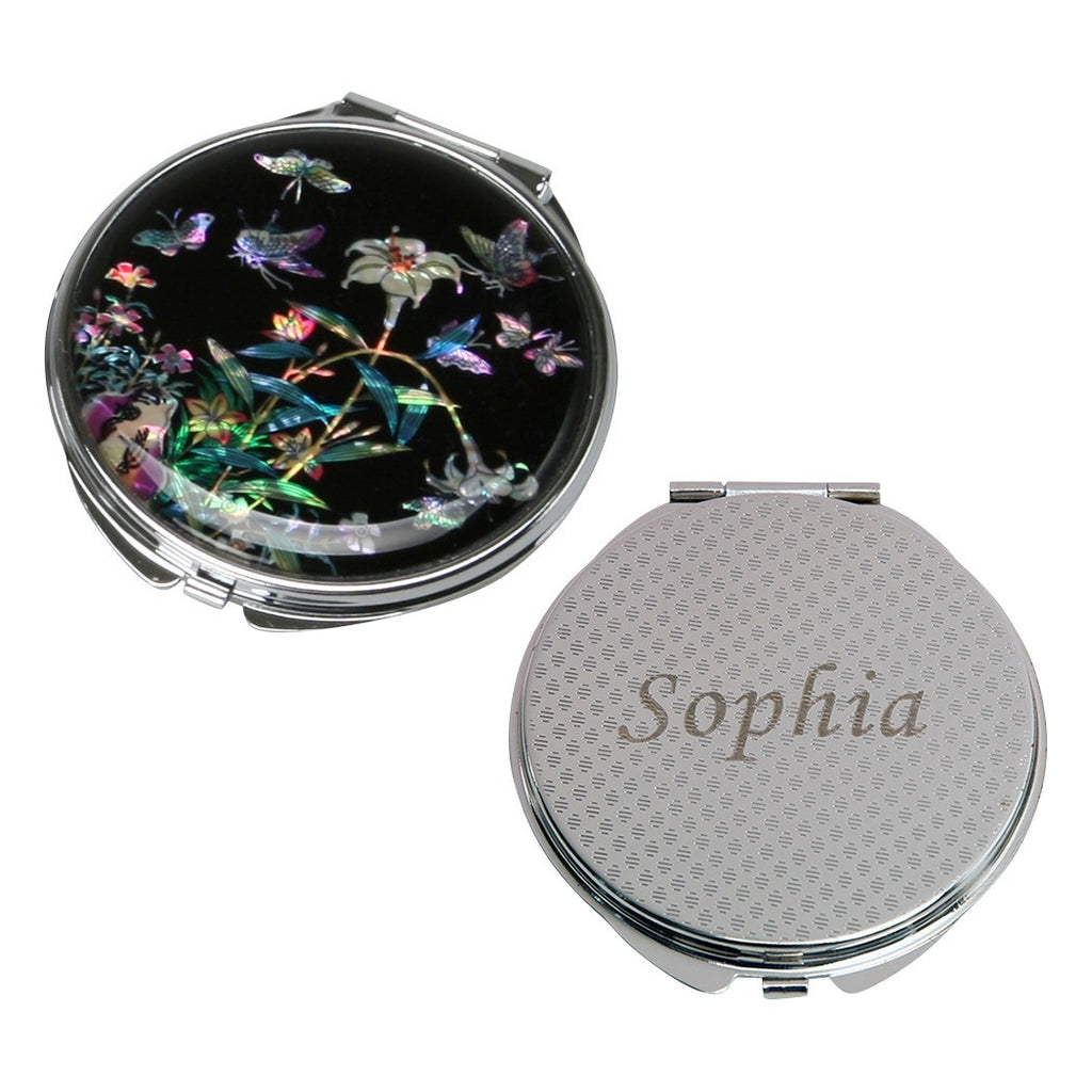 Personalized Mother of Pearl Compact Makeup Purse Mirror, Custom Engraved Pocket