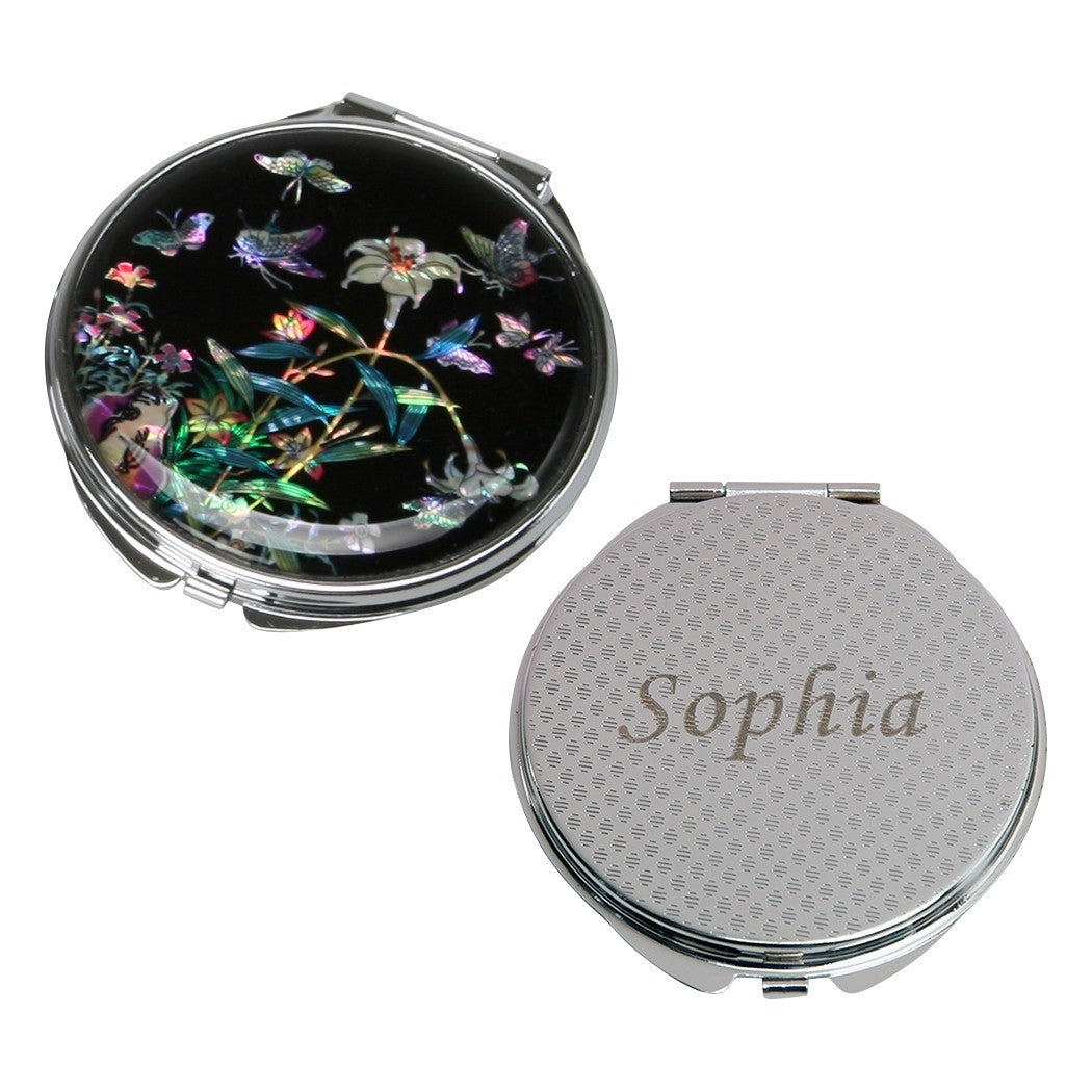 Personalized Mother of Pearl Compact Makeup Purse Mirror, Custom Engraved Pocket