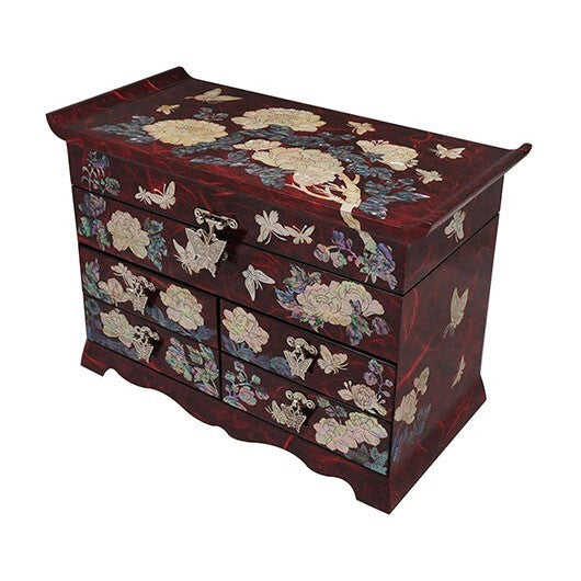 Mother of Pearl Red Wood Treasure Chest Jewelry Box Trinket Necklace Organizer