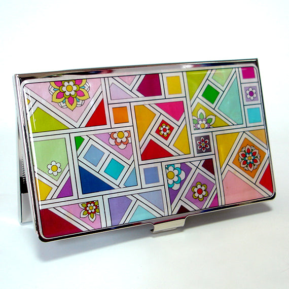 MOP Yellow Green Red Mosaic Metal Business Credit Name Card Case Wallet Holder 