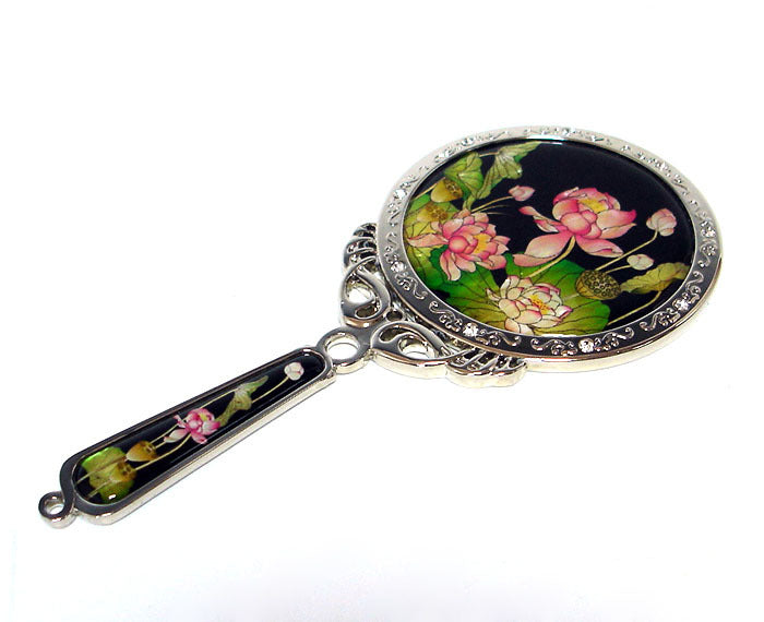 Mother of Pearl Pink Floral Cosmetic Makeup Hand Held Vanity Pouch Beauty Mirror