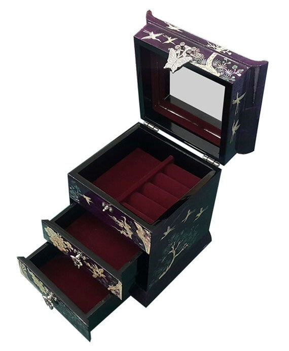 Mother of Pearl Purple Wood Jewelry Box Trinket Keepsake Treasure Organizer Case