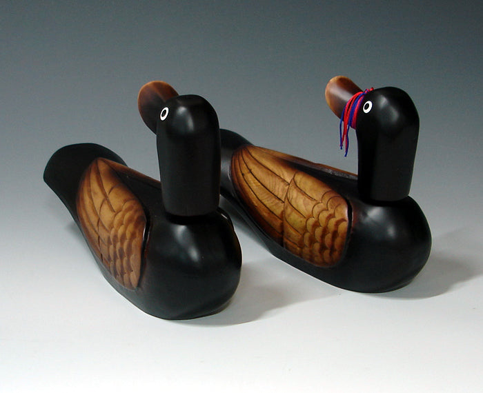 Wooden Wood Carved Geese Duck Figurine Deco Birds Pair