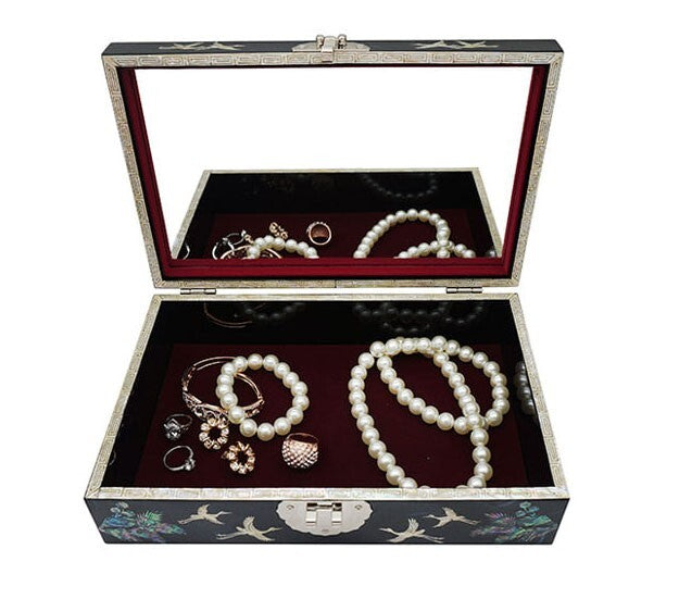 Mother of Pearl Wood Black Korean Oriental Treasure Jewelry Ring Box Case Holder