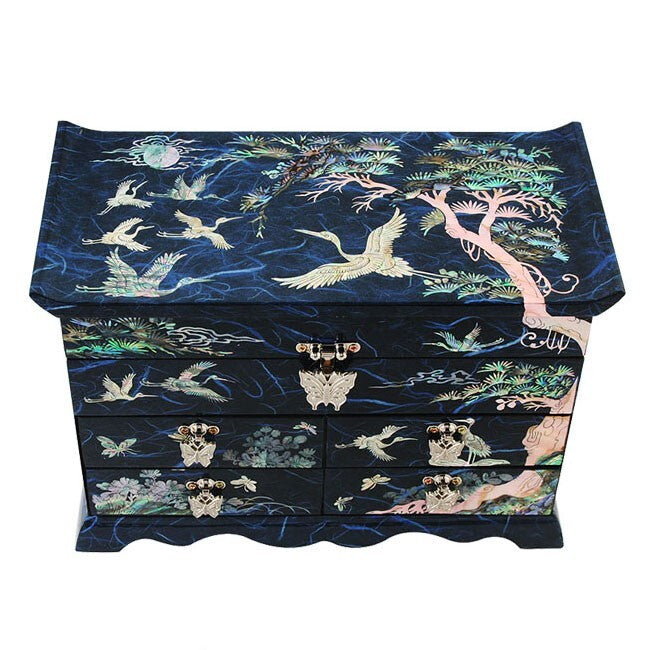 Mother of Pearl Inlay Asian Lacquer Wood Blue Treasure Chest Jewelry Drawer Box