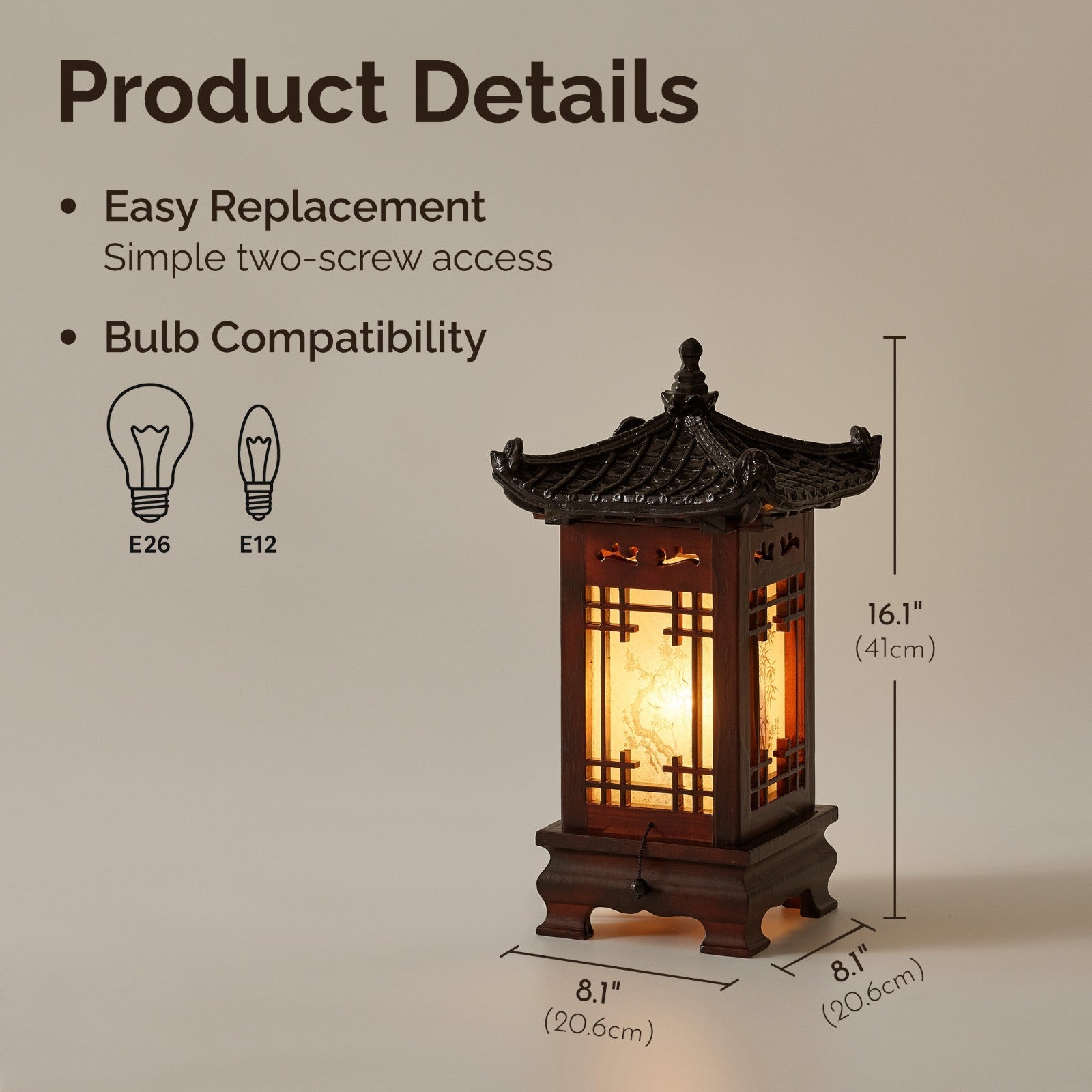 Carved Wood Art Home Deco Lantern Brown Square Bedside Bedroom Table Lamp Light