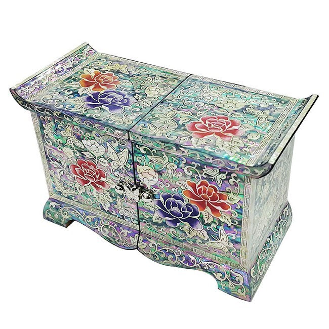 Mother of Pearl House Flower Wood Oriental Treasure Jewelry Ring Box Chest Case