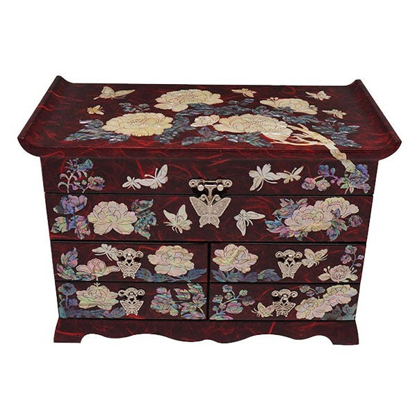 Mother of Pearl Red Wood Treasure Chest Jewelry Box Trinket Necklace Organizer