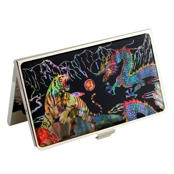 Mother of Pearl Tiger Dragon Fight Business Credit Name Card Case Wallet Holder