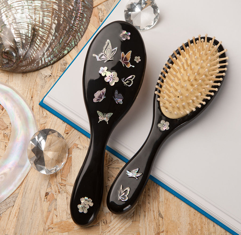 Mother of Pearl Oval Butterfly Scalp Massage Detangling Wood Bristle Hairbrush
