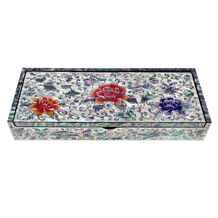 Mother of Pearl Inlay Desk Wood Pen Pencil Brush Holder Lid Case Box Organizer