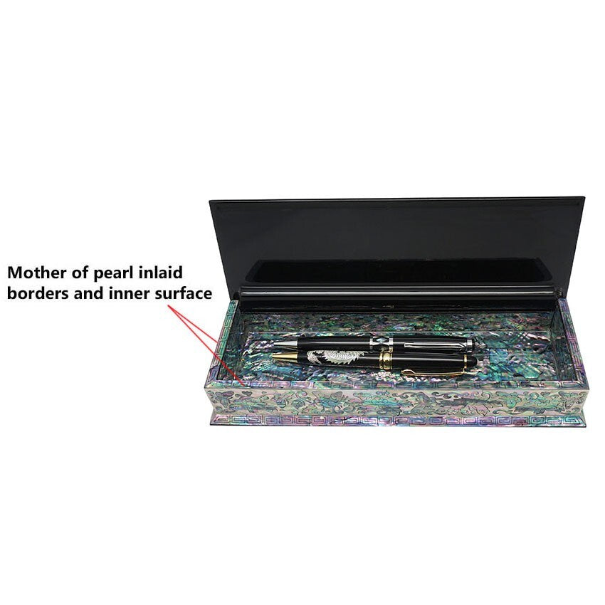 Mother of Pearl Inlay Desk Wood Pen Pencil Brush Holder Lid Case Box Organizer