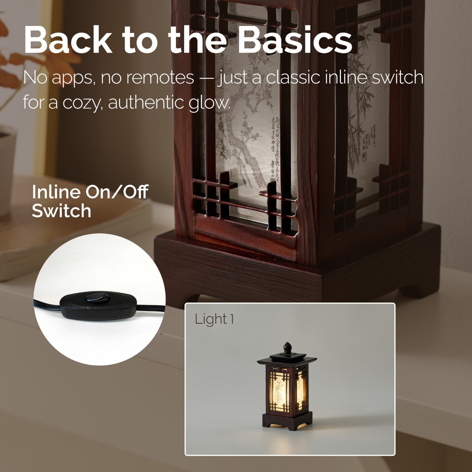 Carved Wood Art Lamp Lantern Brown Asian Bedside Bedroom Table Light Home Accent