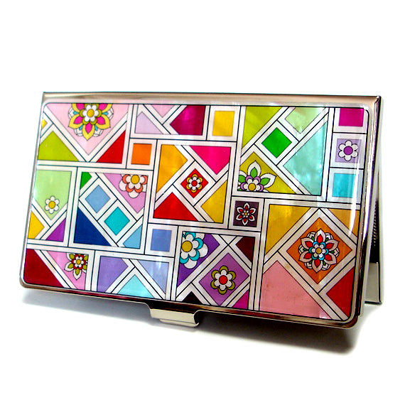 MOP Yellow Green Red Mosaic Metal Business Credit Name Card Case Wallet Holder 