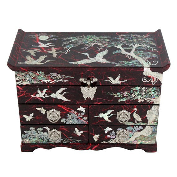 Mother of Pearl Art Red Wood Drawer Jewelry Treasure Trinket Box Chest Organizer