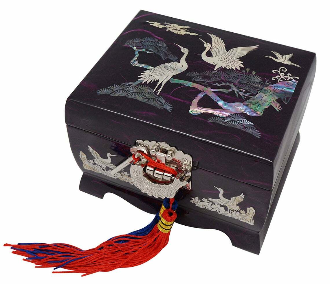 Mother of Pearl Inlay Wood Musical Jewelry Necklace Ring Music Treasure Box Case
