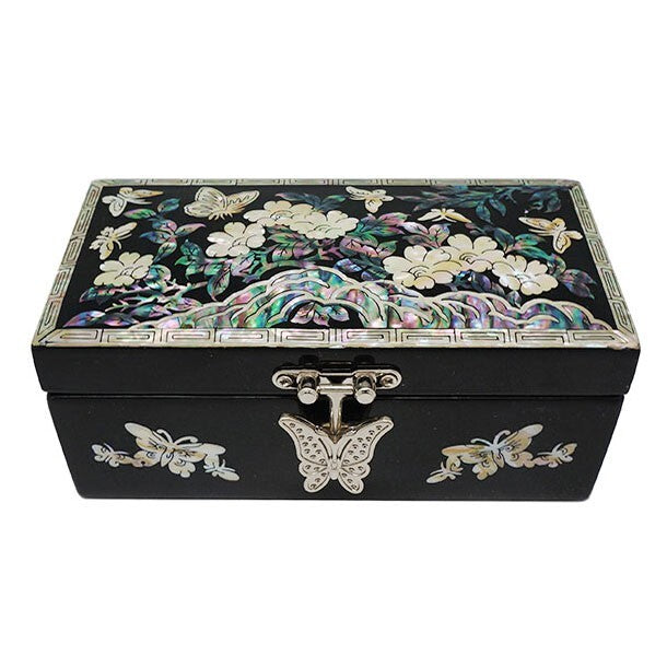 MOP Oriental Black Wood Jewelry Earring Ring Necklace Trinket Box Case Holder
