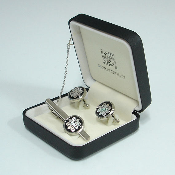 Mother of Pearl Round Black White Flower Tie Clip Bar Clasp Pin Cufflinks Set