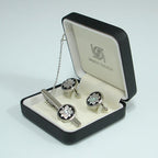 Mother of Pearl Round Black White Flower Tie Clip Bar Clasp Pin Cufflinks Set
