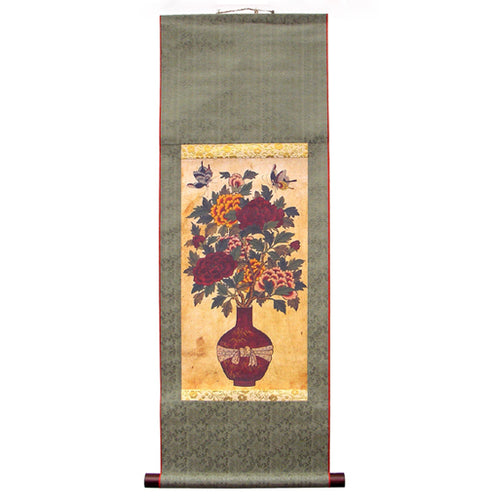 Korean Folk Peony Flower Paper Painting Wall Mount Home Decor Hanging Scroll  