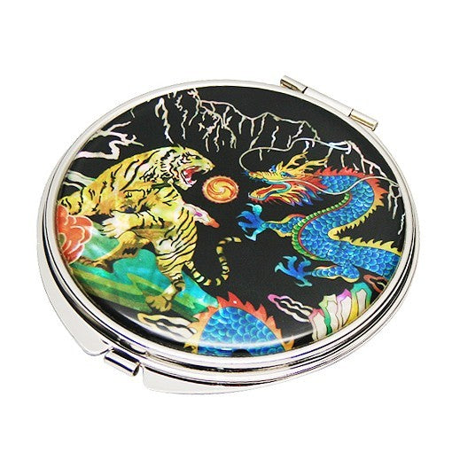 Tiger Dragon Shell Compact Mirror - Bold Mother of Pearl Purse Makeup Mirror