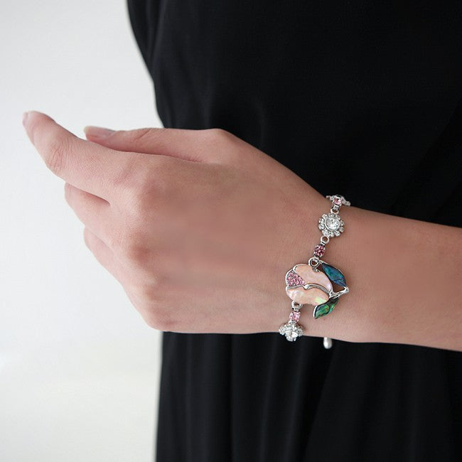 Mother of Pearl Pink Tulip Flower Rhinestone Dangle Shell Link Charm Bracelet