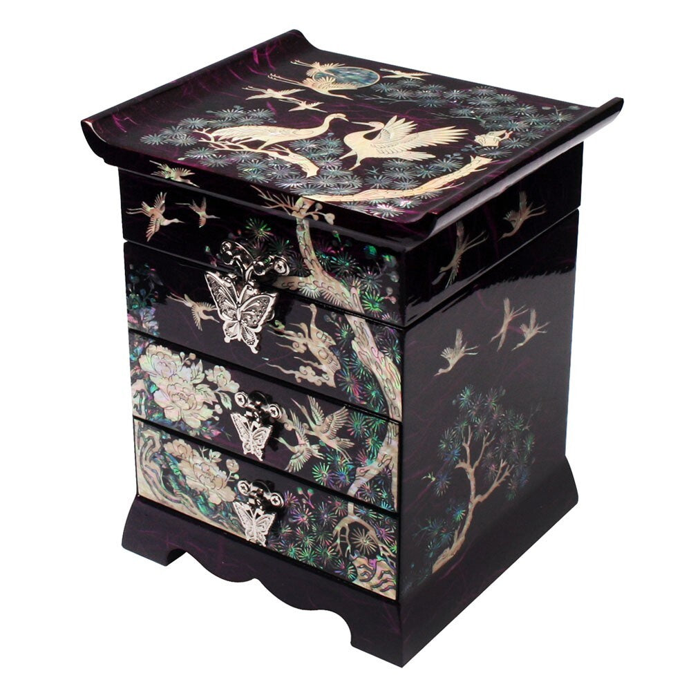 Mother of Pearl Purple Wood Jewelry Box Trinket Keepsake Treasure Organizer Case