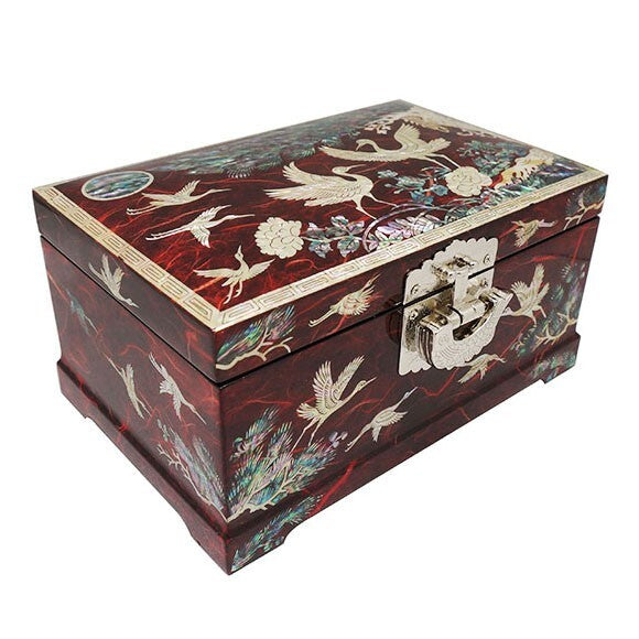 Mother of Pearl Red Wood Lock Jewelry Treasure Chest Box Storage Case Organizer