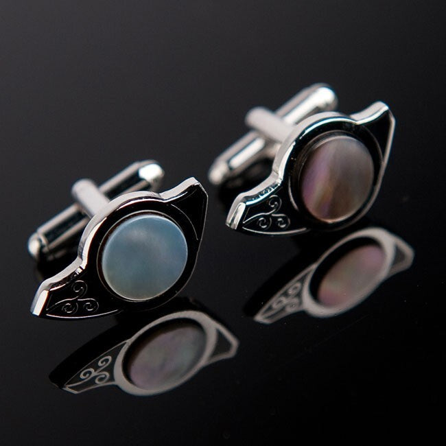Mother of Pearl Circle Design Tie Clip Bar Clasp Pin Round Cufflinks Gift Set