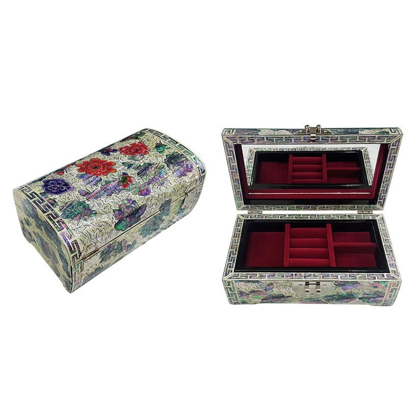 Mother of Pearl Flower 2-Tier Wood Jewelry Box Trinket Treasure Keepsake Chest