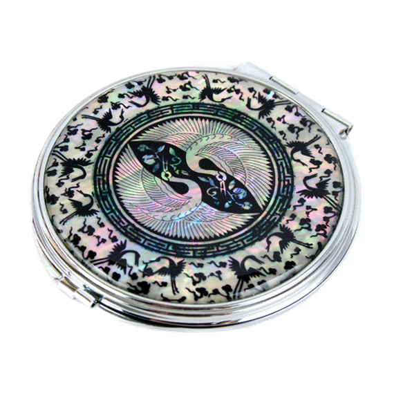 MOP Double Bird Design Compact Cosmetic Magnifying Makeup Handbag Beauty Mirror