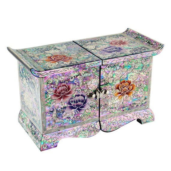 Mother of Pearl House Flower Wood Oriental Treasure Jewelry Ring Box Chest Case