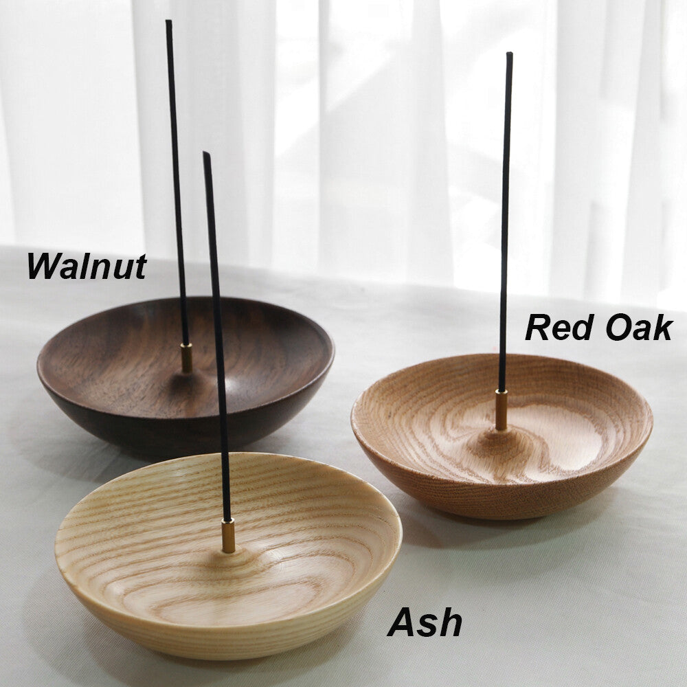 Solid Walnut Wood No Mess Incense Stick Round Bowl Holder Burner Ash Catcher 