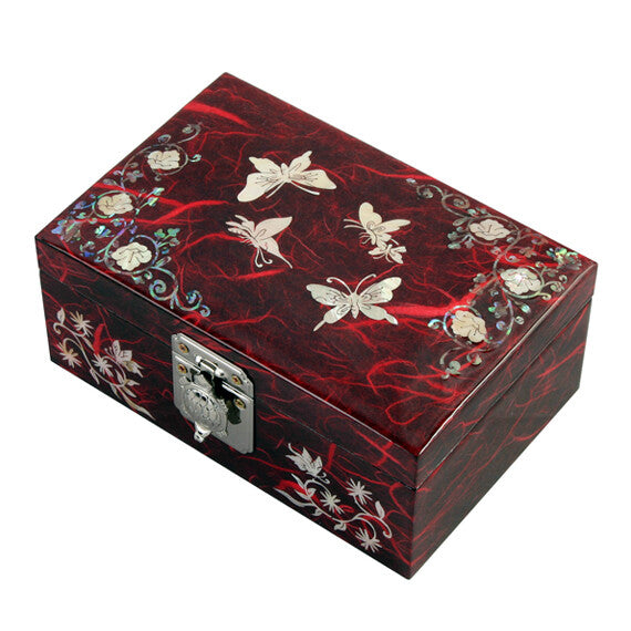 Mother of Pearl Butterfly Wood Red Small Mini Treasure Jewelry Trinket Box Chest