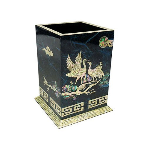 Mother of Pearl Blue Desk Stand Wood Pen Pencil Brush Holder Lid Case Box Gift