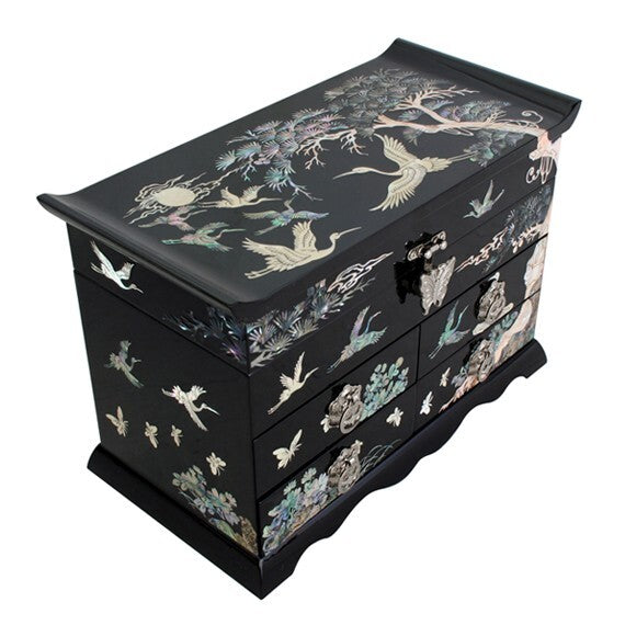 Mother of Pearl Inlay Asian Lacquer Wood Black Treasure Chest Jewelry Drawer Box