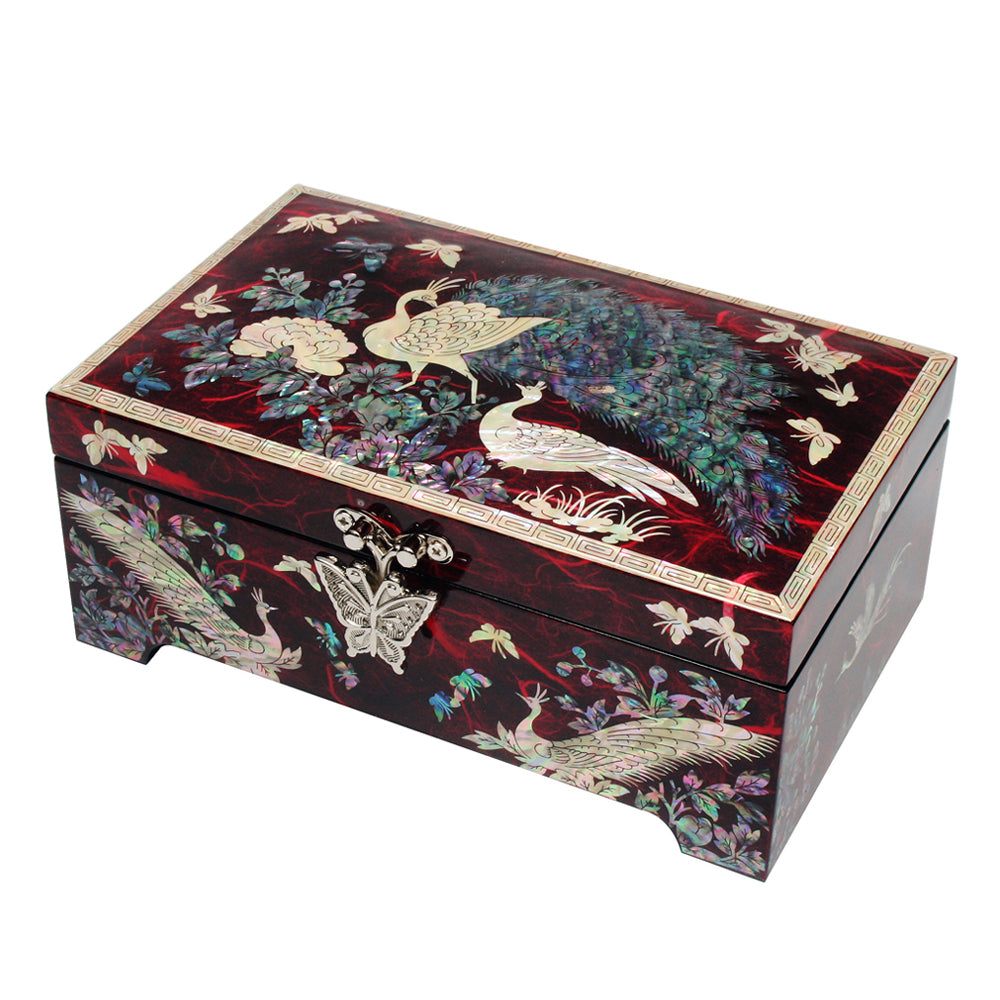 Mother of Pearl Peacock Wooden Red Jewelry Keepsake Trinket Treasure Chest Box 
