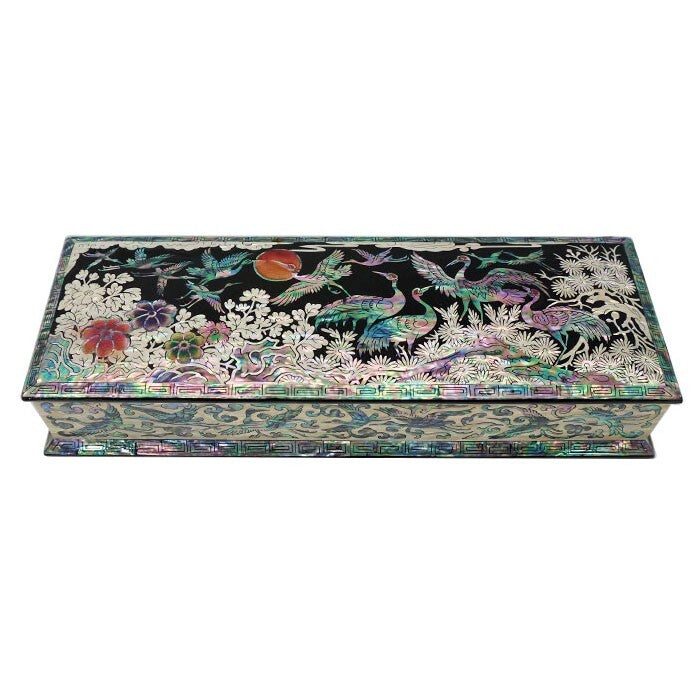 Mother of Pearl Inlay Desk Wood Pen Pencil Brush Holder Lid Case Box Organizer