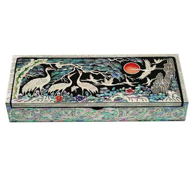 Mother of Pearl Inlay Desk Wood Pen Pencil Brush Holder Lid Case Box Organiz