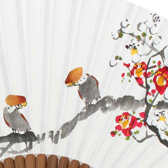Hand Folding Bird Plum Flower Design White Paper Flower Painting Wall Asian Fan