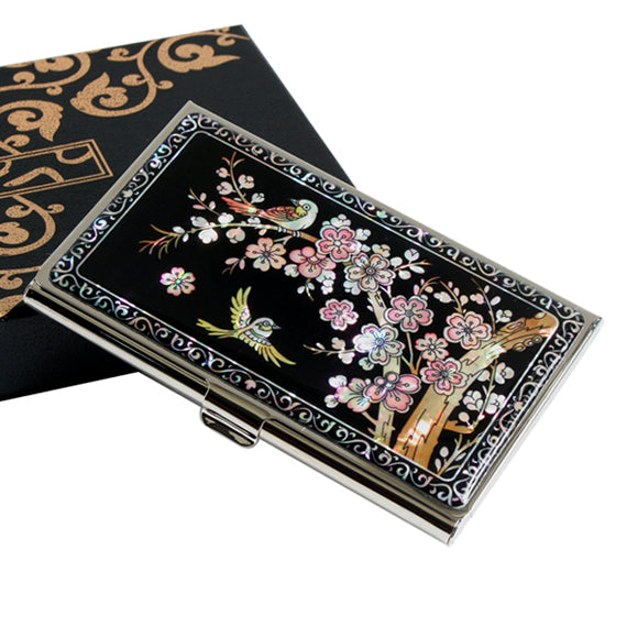 Mother of Pearl Bird Pink Flower Engraved Business Credit Name Card Holder Case