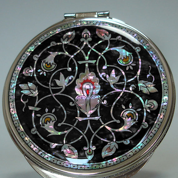 Mother of Pearl Double Compact Black Candle Round Pocket Vanity Makeup Mirror